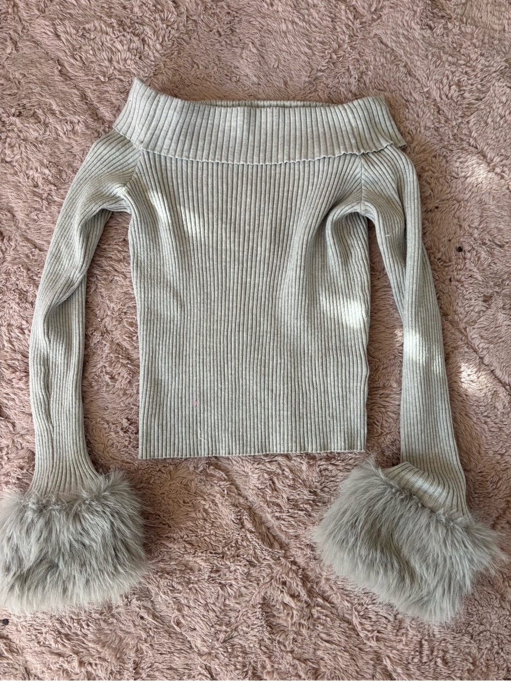 SHEIN Off Shoulder Furry Sleeve Knit Pullover sweater